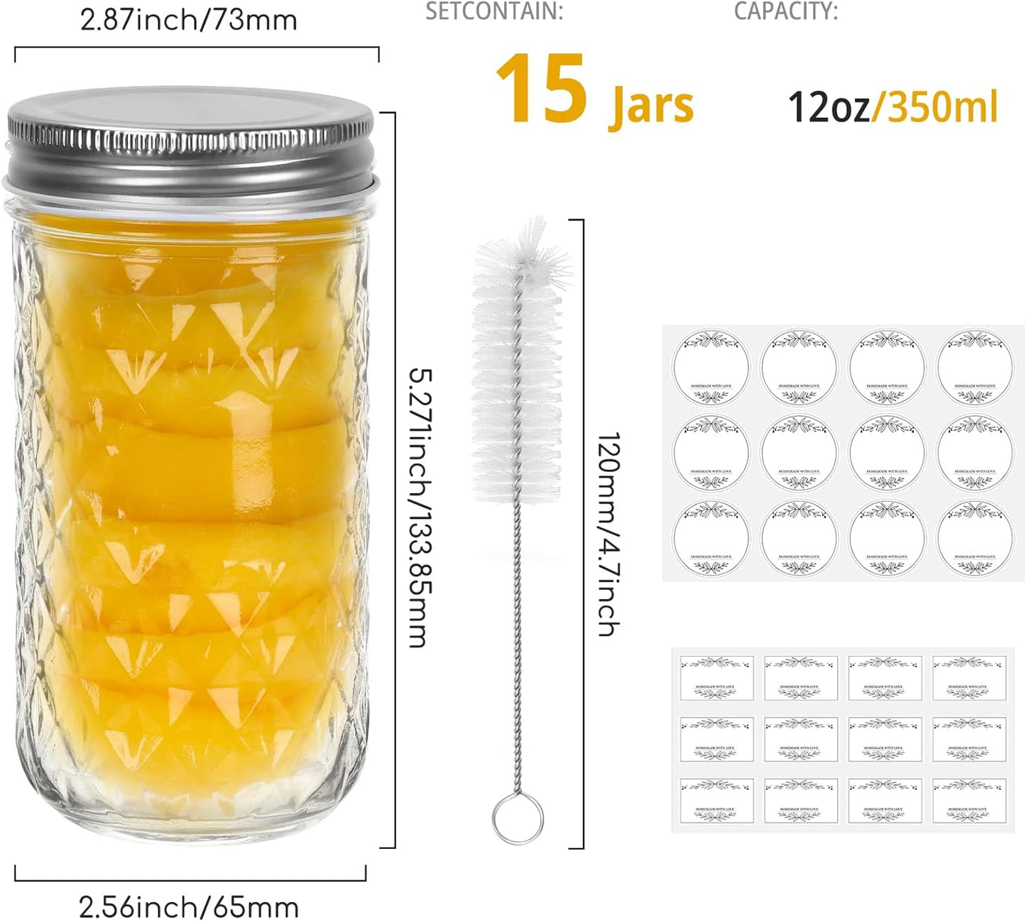 15 Pack 12oz Mason Jars with Silver Metal Lids - Glass Regular Mouth Canning Jars for Honey, Jam, Jelly, Favors, and Storage