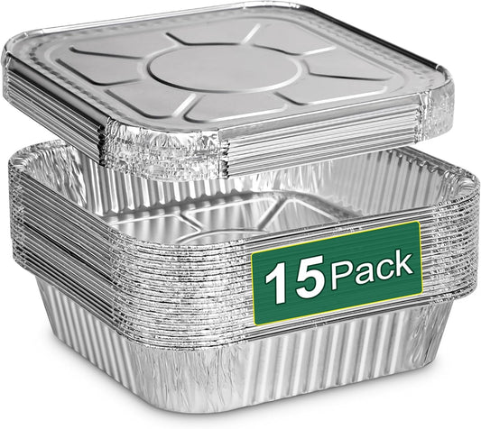 15 Pack Alfolic 8x8 Square Disposable Aluminum Foil Pans with Lids - Perfect for Air Fryer, Oven, and Cooking