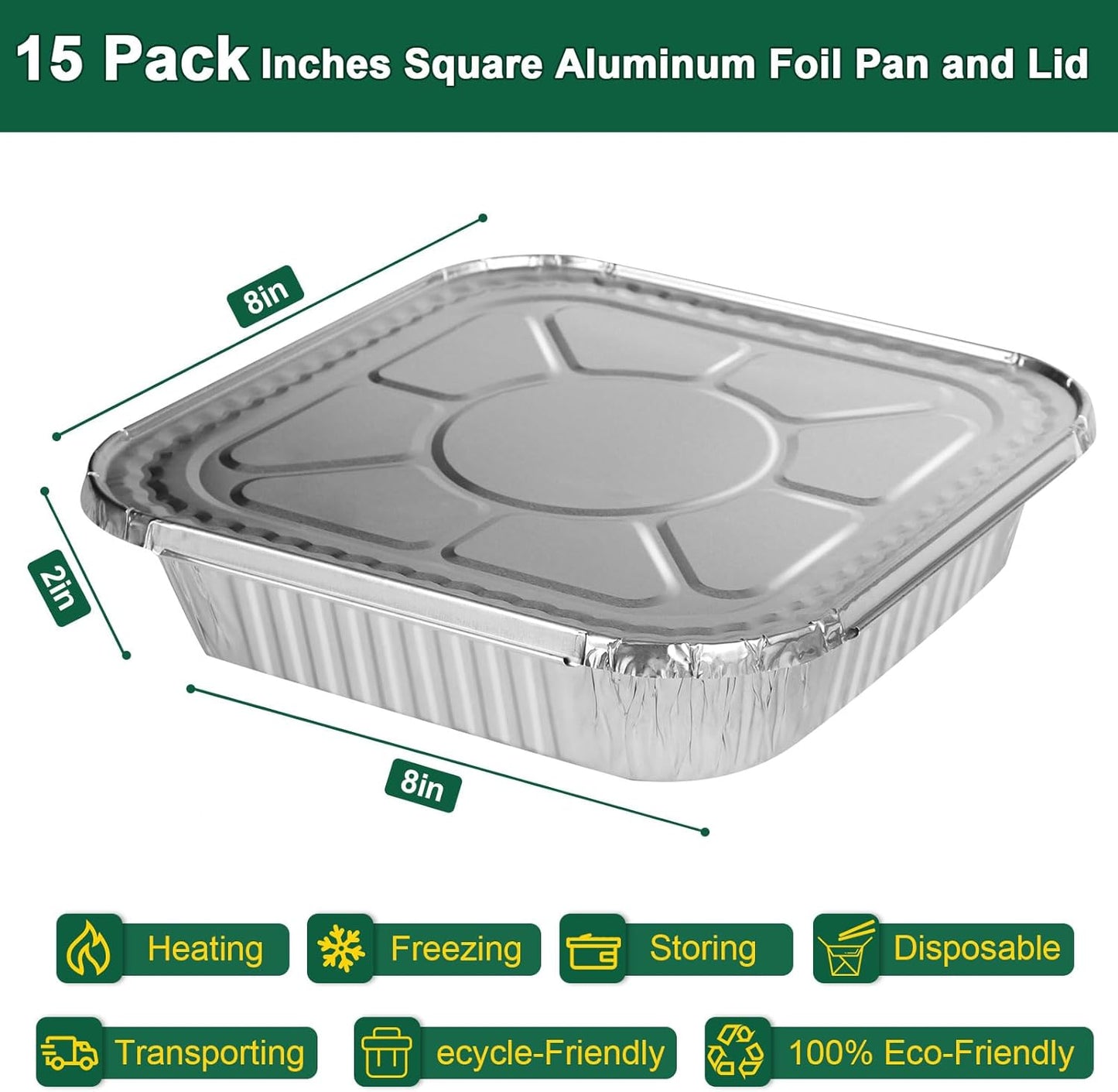 15 Pack Alfolic 8x8 Square Disposable Aluminum Foil Pans with Lids - Perfect for Air Fryer, Oven, and Cooking