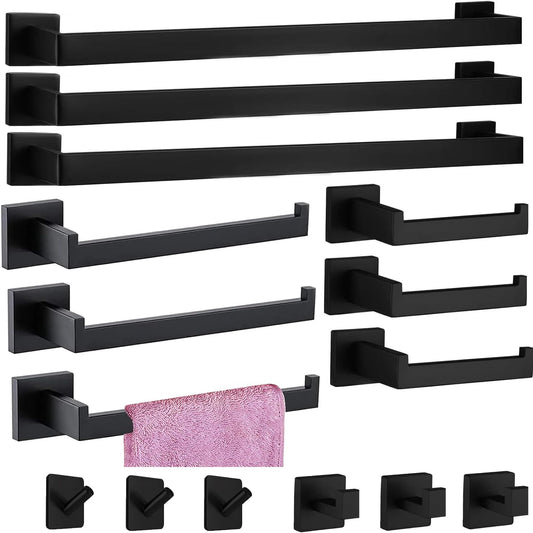 15-Piece Matte Black Stainless Steel Bathroom Hardware Set with Wall-Mounted Towel Racks