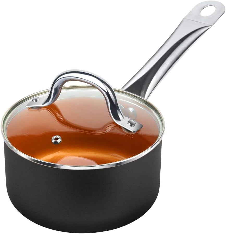 1.5 qt. Copper Nonstick Saucepan with Lid, Ceramic Mini Saute Pan - Ideal for 1 Person Meal - Induction, Gas, Electric Stovetops - Black
