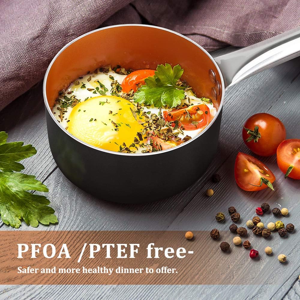 1.5 qt. Copper Nonstick Saucepan with Lid, Ceramic Mini Saute Pan - Ideal for 1 Person Meal - Induction, Gas, Electric Stovetops - Black