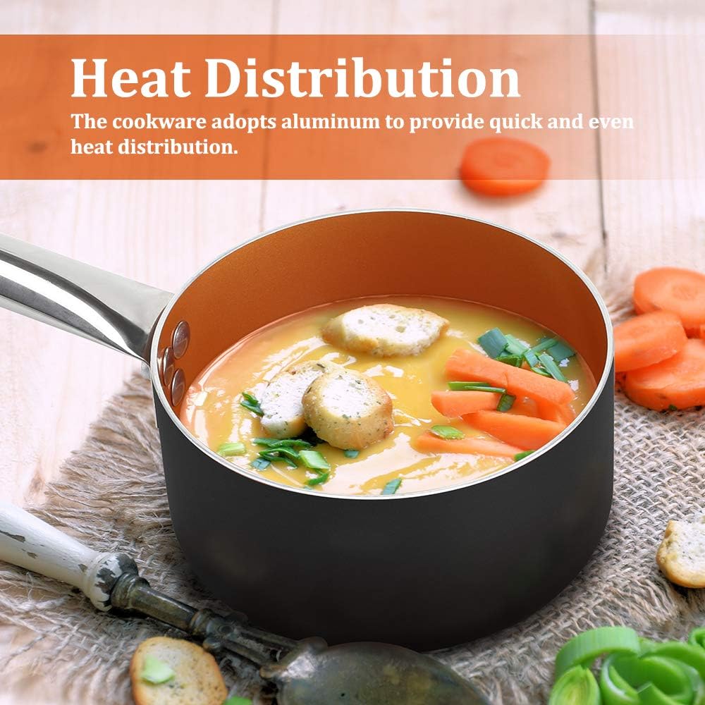 1.5 qt. Copper Nonstick Saucepan with Lid, Ceramic Mini Saute Pan - Ideal for 1 Person Meal - Induction, Gas, Electric Stovetops - Black