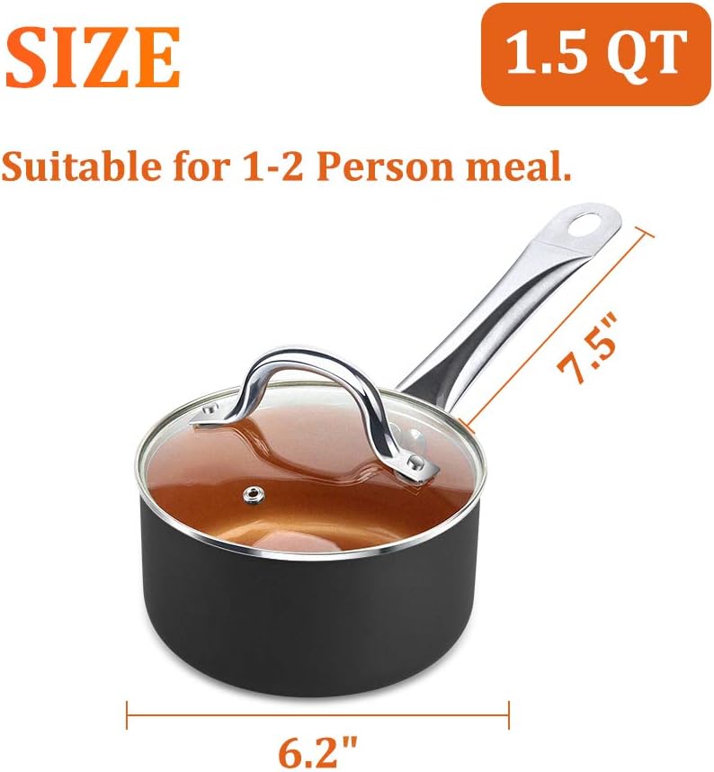 1.5 qt. Copper Nonstick Saucepan with Lid, Ceramic Mini Saute Pan - Ideal for 1 Person Meal - Induction, Gas, Electric Stovetops - Black