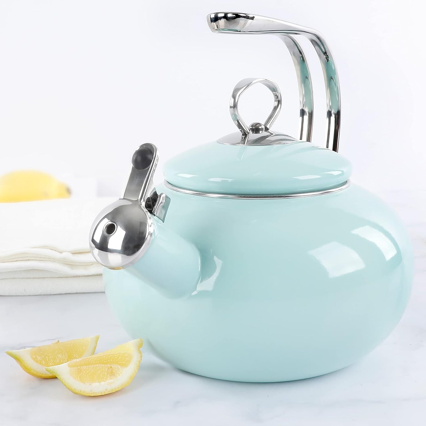 1.5-Quart Martha Stewart Enamel on Steel Tea Kettle with Stainless Steel Handle - Martha Blue