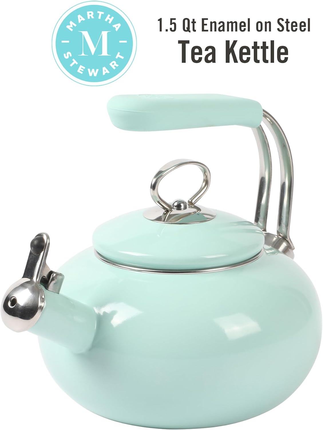 1.5-Quart Martha Stewart Enamel on Steel Tea Kettle with Stainless Steel Handle - Martha Blue