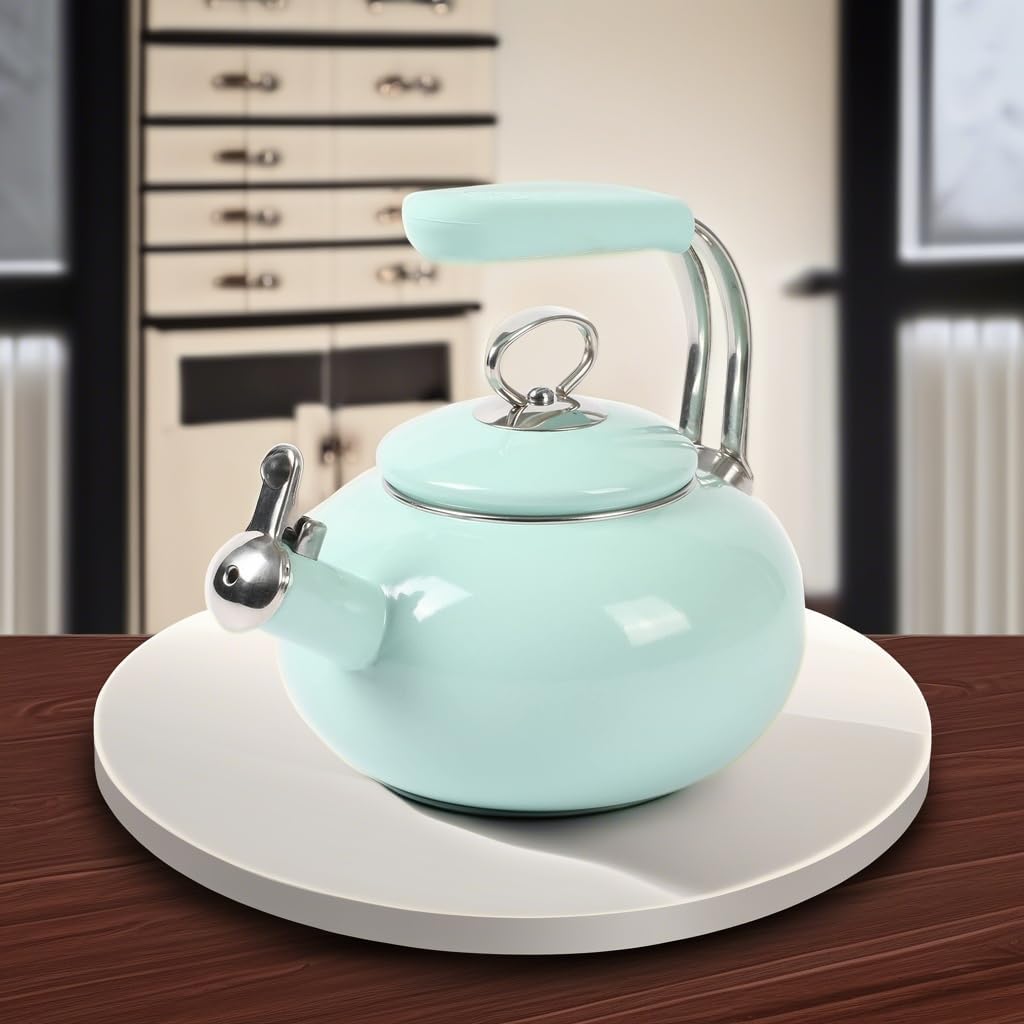 1.5-Quart Martha Stewart Enamel on Steel Tea Kettle with Stainless Steel Handle - Martha Blue