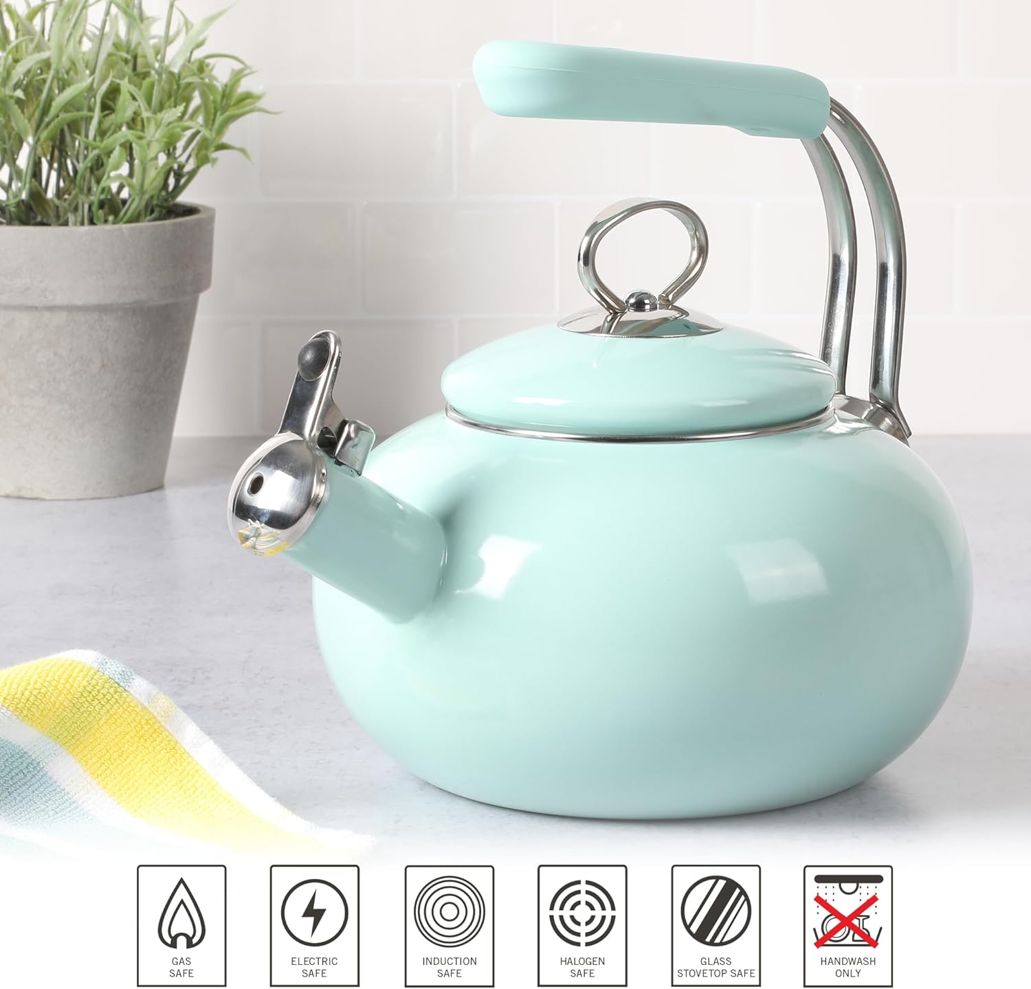 1.5-Quart Martha Stewart Enamel on Steel Tea Kettle with Stainless Steel Handle - Martha Blue