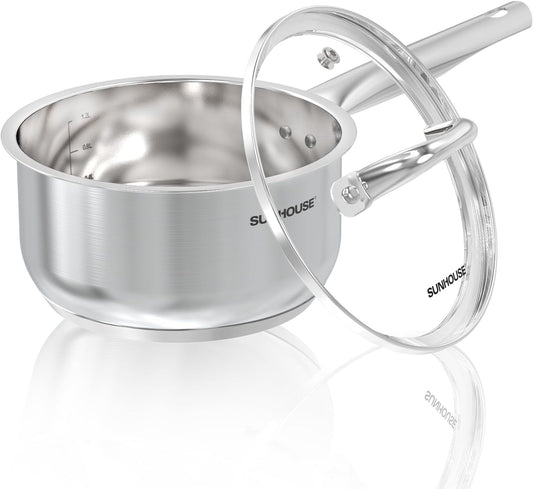 1.5 Quart Stainless Steel Sauce Pan with Lid, Stay-Cool Handle, Dishwasher Safe - Compatible with All Cooktops