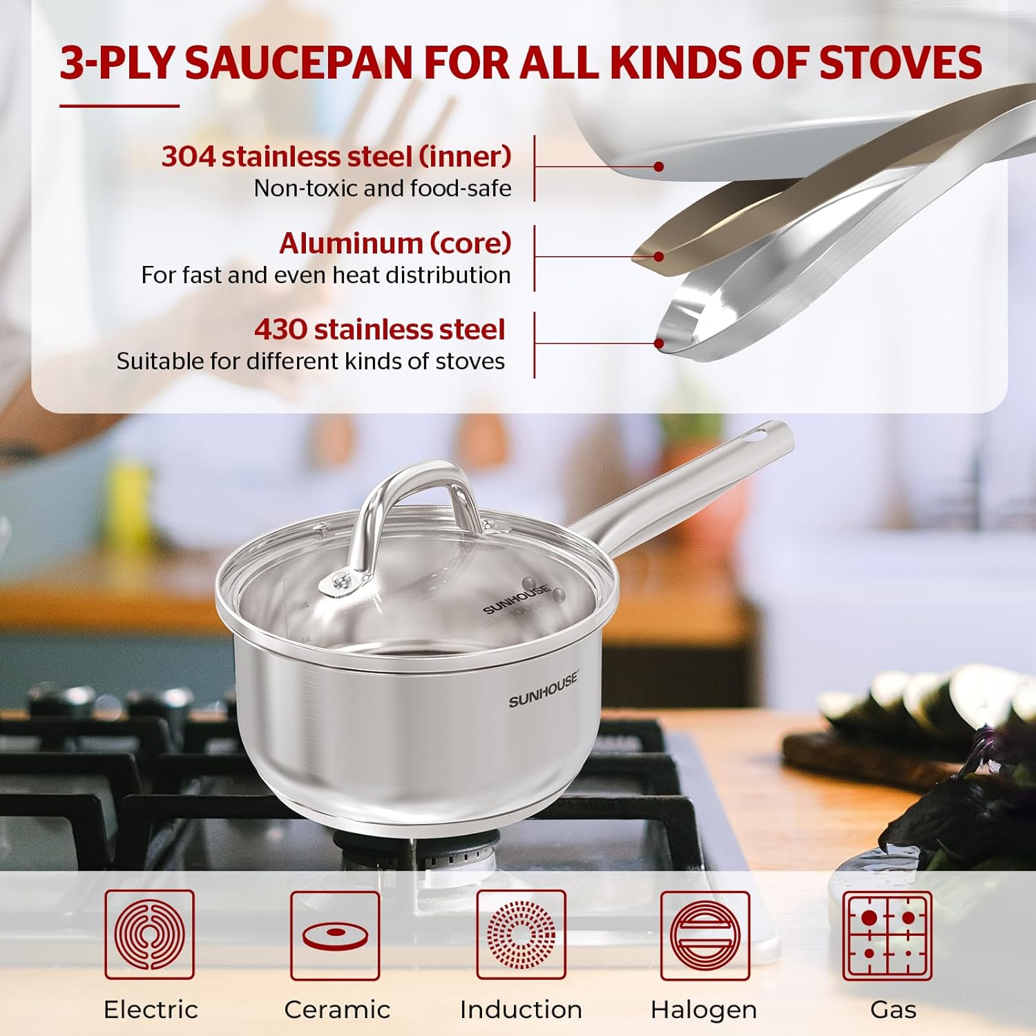 1.5 Quart Stainless Steel Sauce Pan with Lid, Stay-Cool Handle, Dishwasher Safe - Compatible with All Cooktops