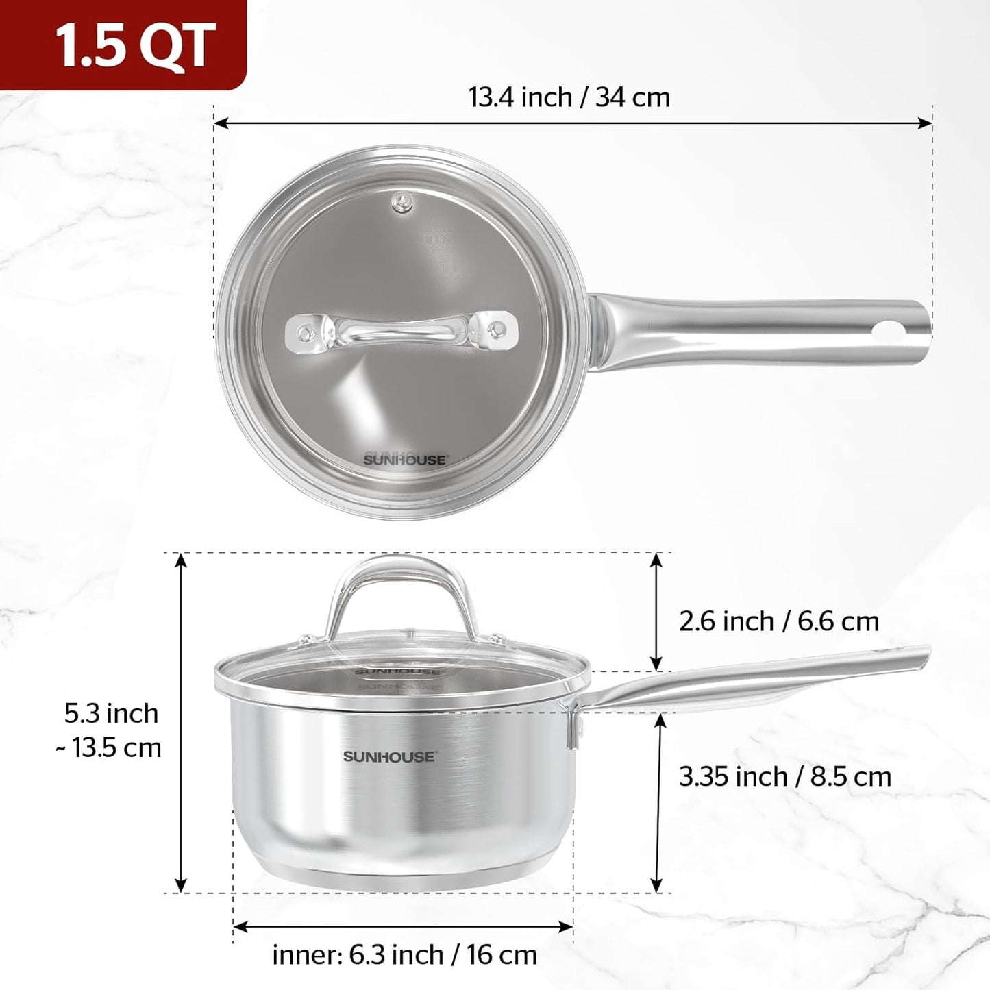 1.5 Quart Stainless Steel Sauce Pan with Lid, Stay-Cool Handle, Dishwasher Safe - Compatible with All Cooktops