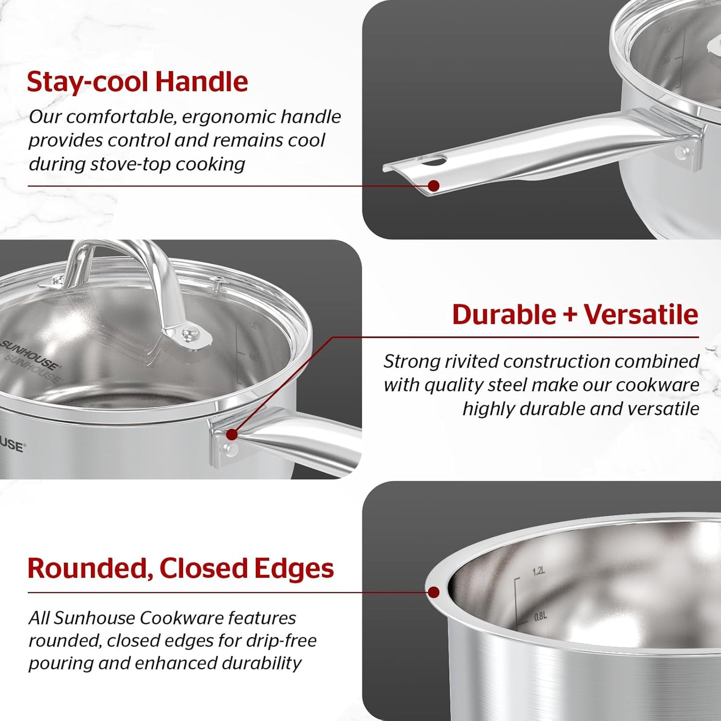 1.5 Quart Stainless Steel Sauce Pan with Lid, Stay-Cool Handle, Dishwasher Safe - Compatible with All Cooktops