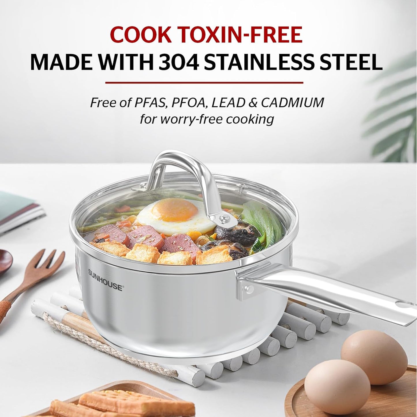 1.5 Quart Stainless Steel Sauce Pan with Lid, Stay-Cool Handle, Dishwasher Safe - Compatible with All Cooktops