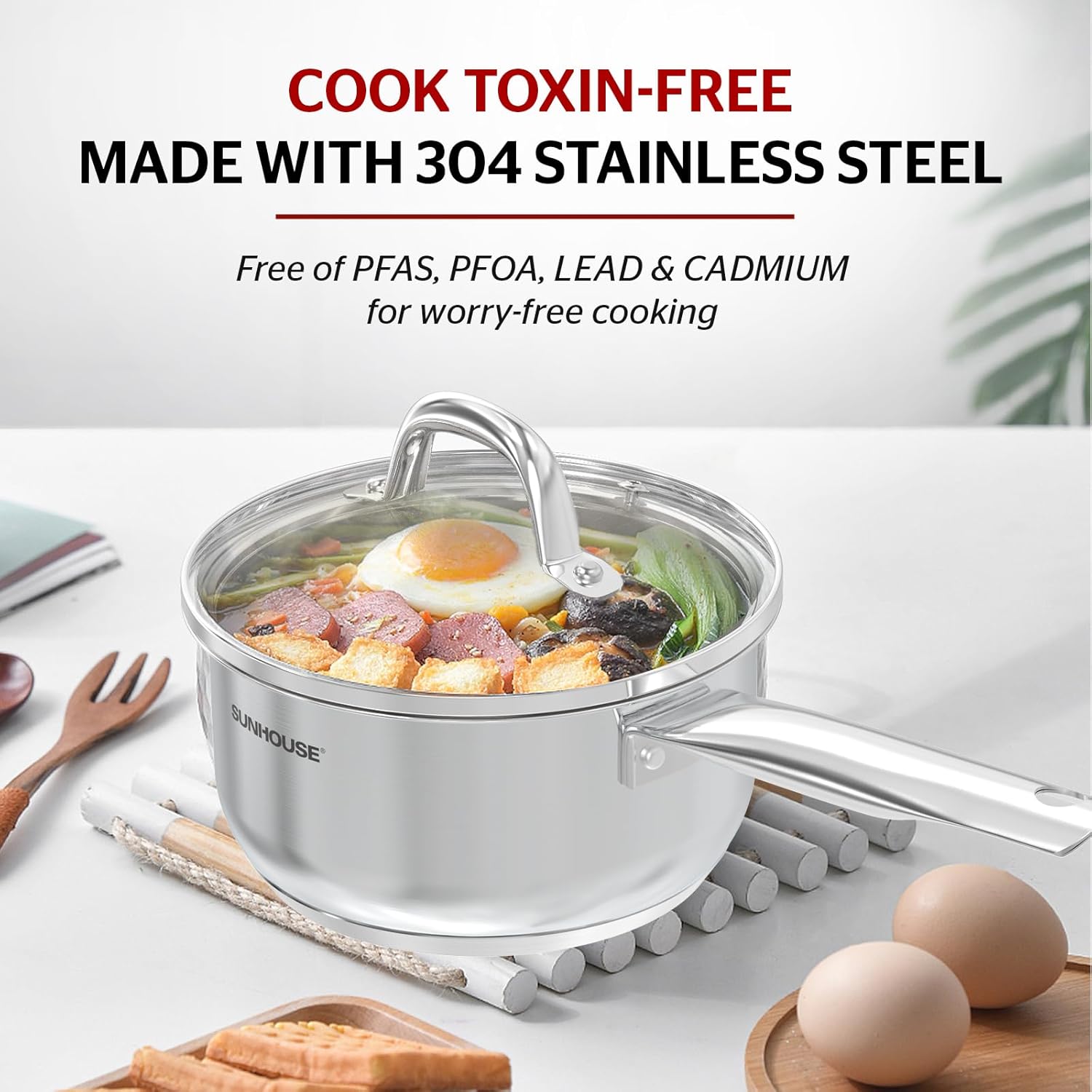 1.5 Quart Stainless Steel Sauce Pan with Lid, Stay-Cool Handle, Dishwasher Safe - Compatible with All Cooktops