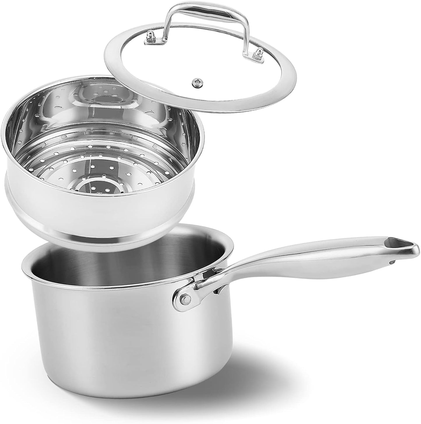 1.5 Quart Stainless Steel Vegetable Steamer Pot with Tri-ply Construction for Induction Stove - Small Pot with Holes Lid for Pasta, Noodles, and Sauce