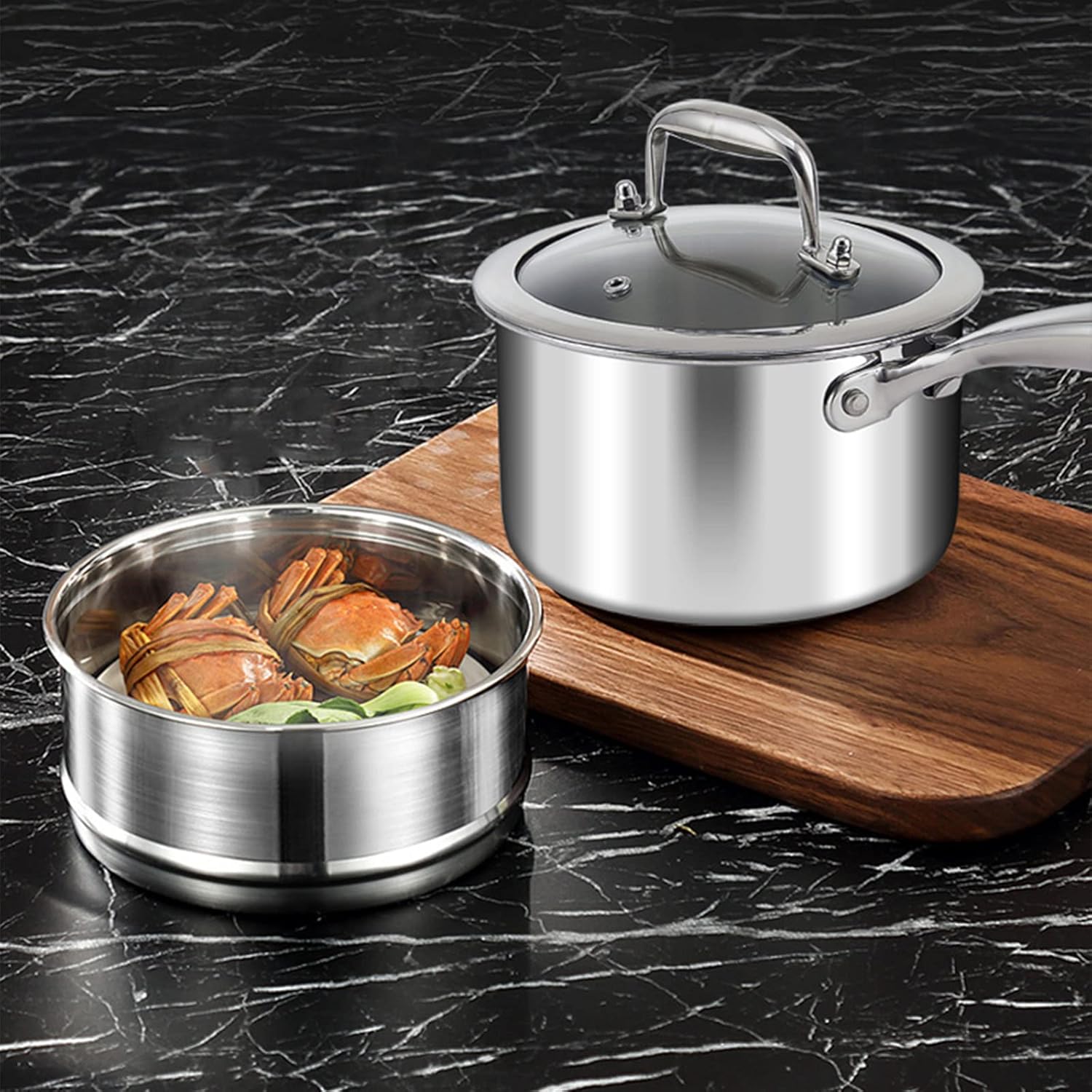 1.5 Quart Stainless Steel Vegetable Steamer Pot with Tri-ply Construction for Induction Stove - Small Pot with Holes Lid for Pasta, Noodles, and Sauce