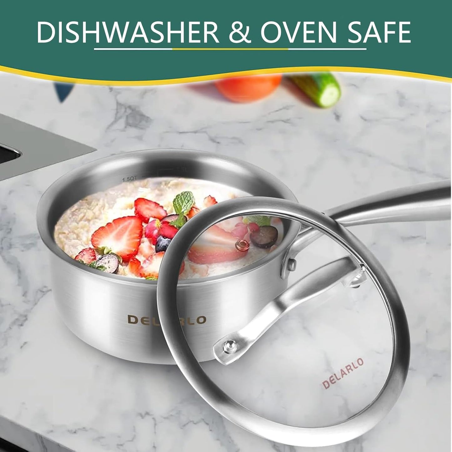 1.5 Quart Tri-Ply Stainless Steel Saucepan with Lid - All Stove Compatible, Heavy Duty Saucier Pot