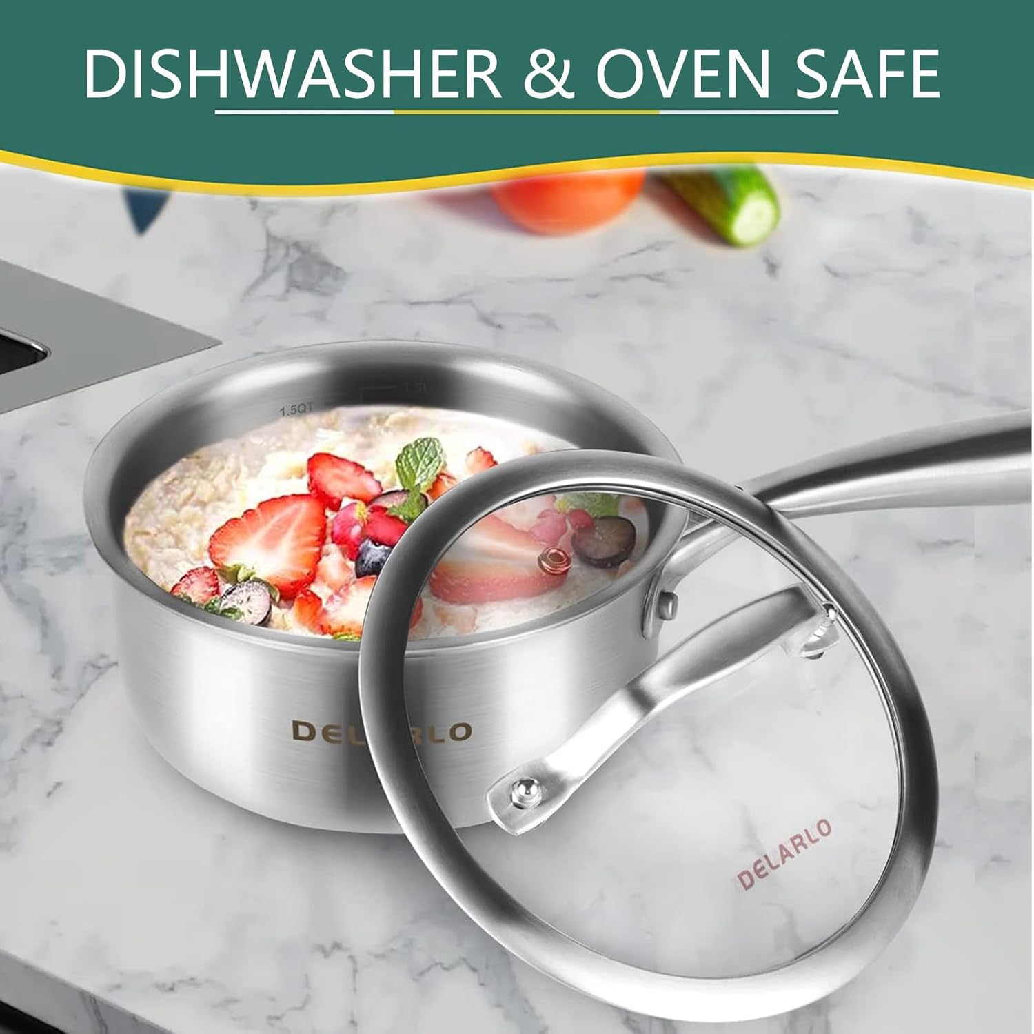 1.5 Quart Tri-Ply Stainless Steel Saucepan with Lid - All Stove Compatible, Heavy Duty Saucier Pot