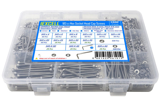 1500-Piece Stainless Steel 304 Hex Socket Head Cap Screws Bolts Nuts Washers Assortment Kit - M3 x 4-50 Sizes