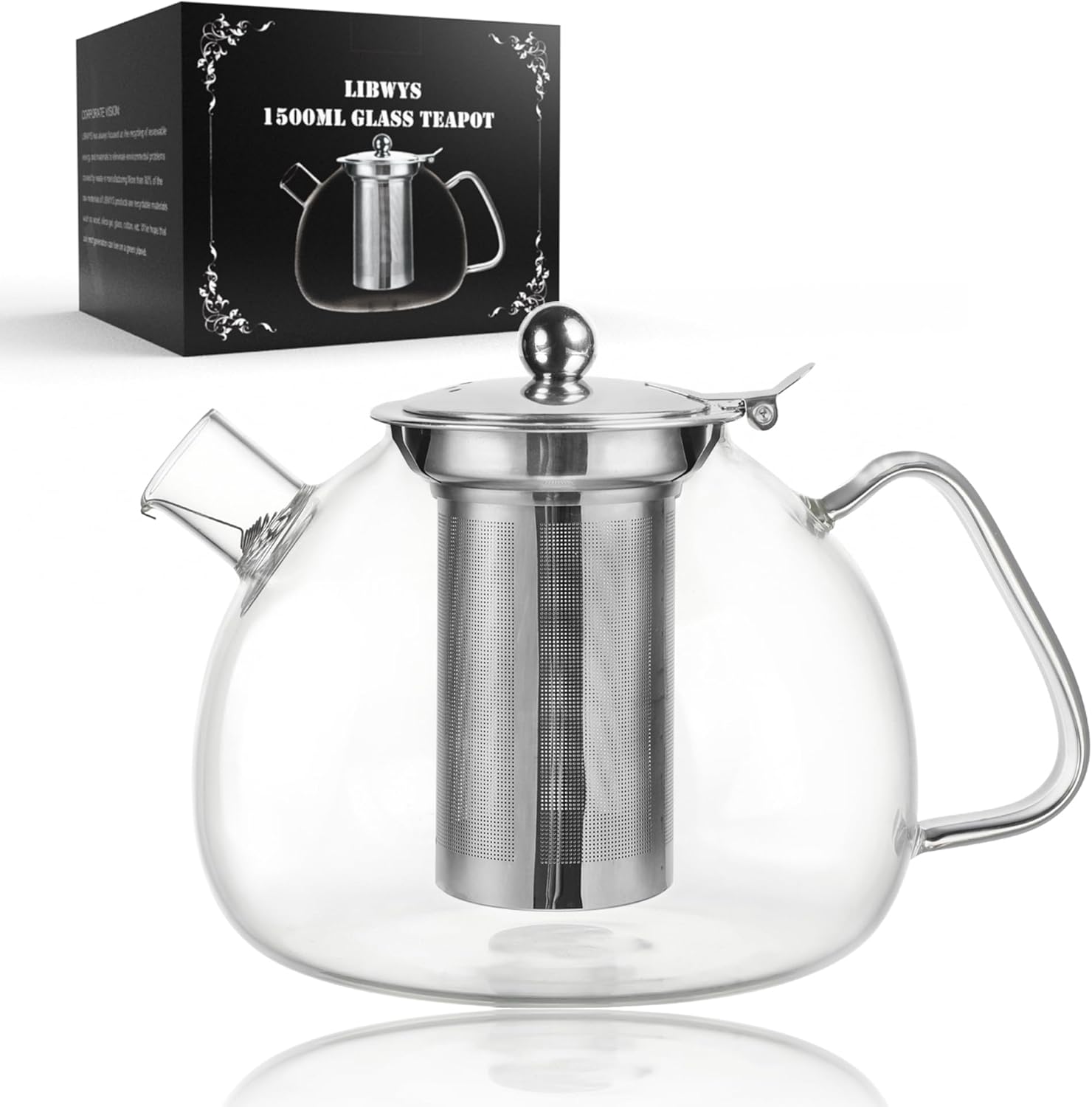 1500ml Glass Teapot with Removable Infuser - Stovetop Safe Tea Pot for Blooming and Loose Leaf Tea - Heat-resistant Borosilicate Glass - Easy to Clean