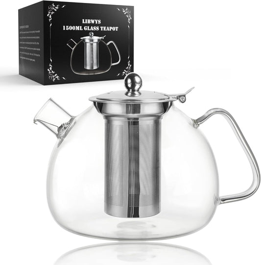 1500ml Glass Teapot with Removable Infuser - Stovetop Safe Tea Pot for Blooming and Loose Leaf Tea - Heat-resistant Borosilicate Glass - Easy to Clean