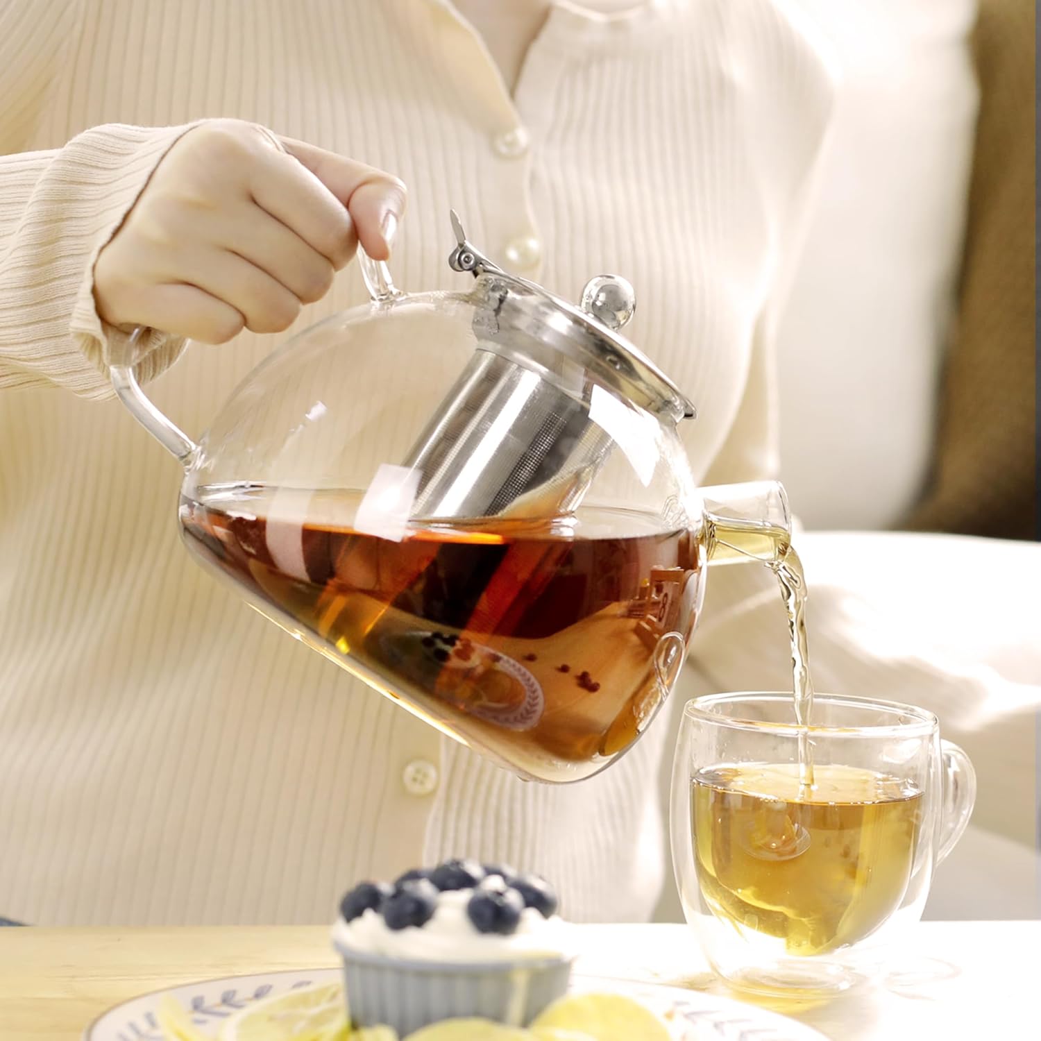1500ml Glass Teapot with Removable Infuser - Stovetop Safe Tea Pot for Blooming and Loose Leaf Tea - Heat-resistant Borosilicate Glass - Easy to Clean