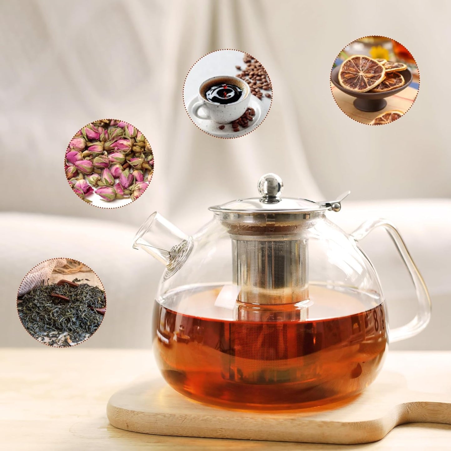 1500ml Glass Teapot with Removable Infuser - Stovetop Safe Tea Pot for Blooming and Loose Leaf Tea - Heat-resistant Borosilicate Glass - Easy to Clean