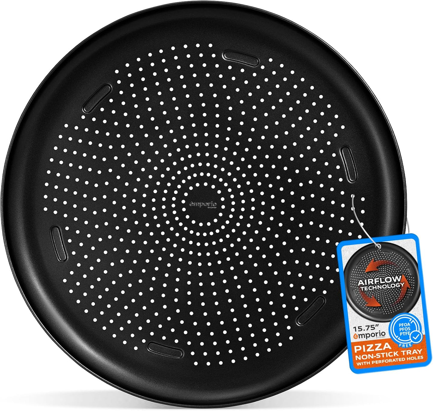 15.75-Inch Round Perforated Carbon Steel Pizza Baking Pan with Non-Stick Coating - Dishwasher & Oven Safe, Gray