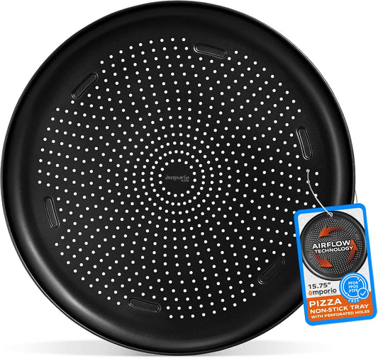 15.75-Inch Round Perforated Carbon Steel Pizza Baking Pan with Non-Stick Coating - Dishwasher & Oven Safe, Gray
