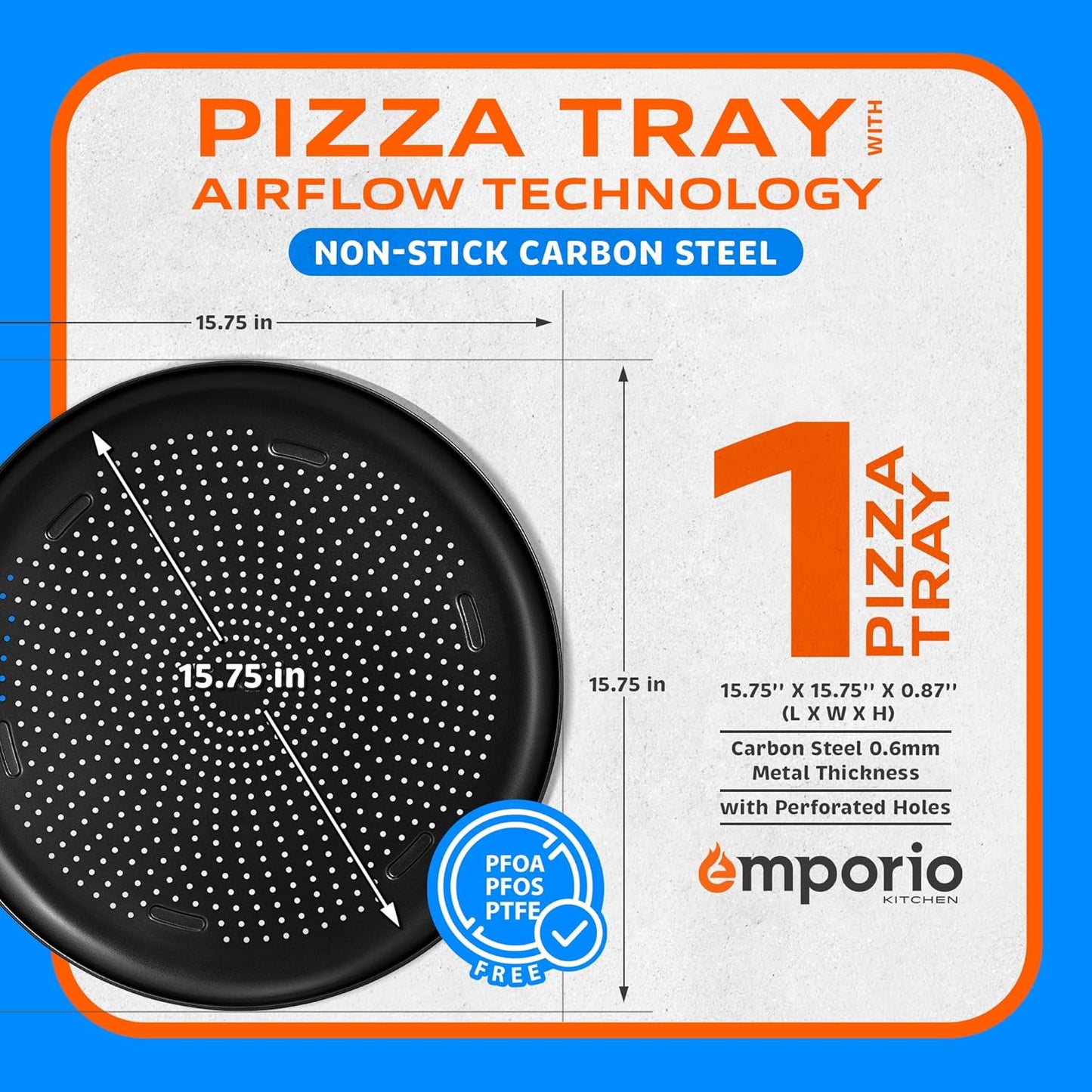 15.75-Inch Round Perforated Carbon Steel Pizza Baking Pan with Non-Stick Coating - Dishwasher & Oven Safe, Gray