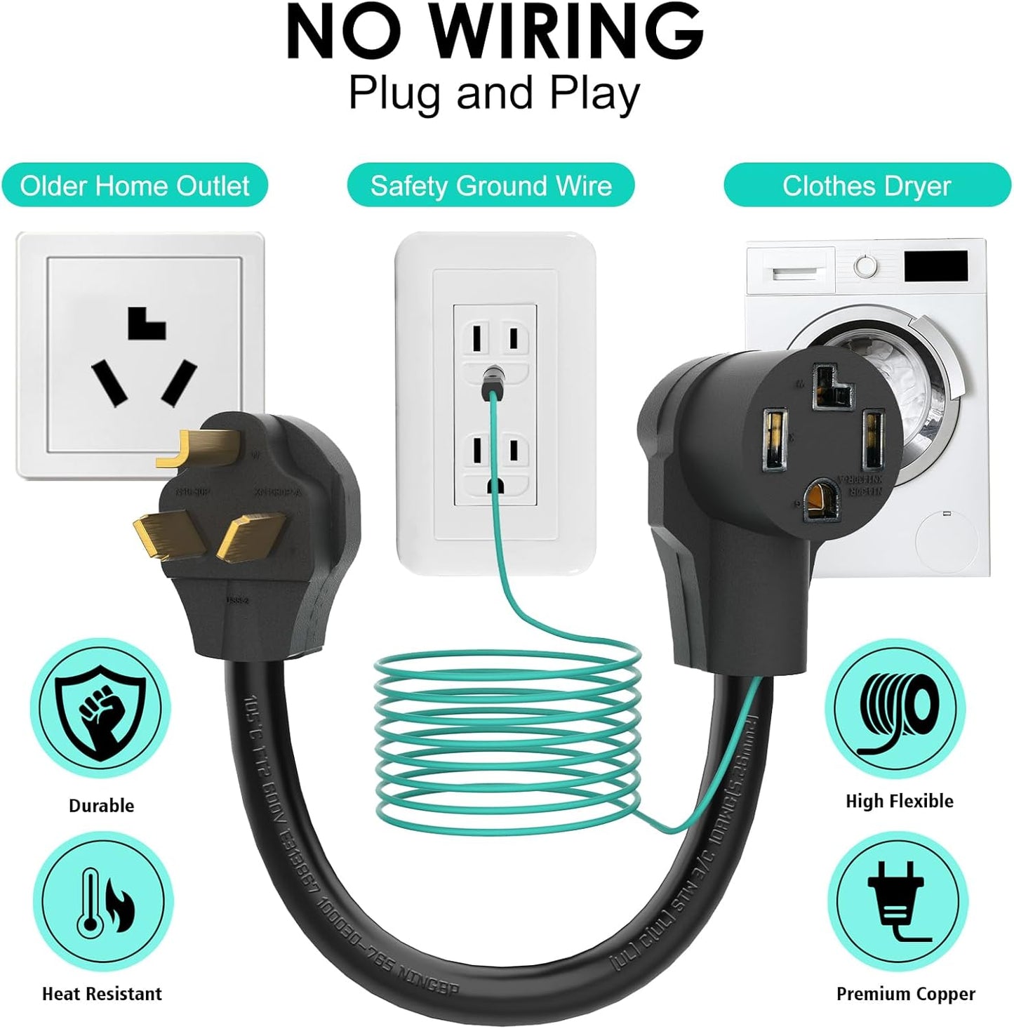 1.5FT Dryer Adapter 4 Prong to 3 Prong 30 Amp with Safety Ground Wire - NEMA 10-30P Male to 14-30R Female Outlet Plug