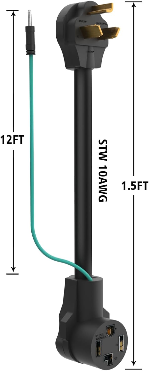 1.5FT Dryer Adapter 4 Prong to 3 Prong 30 Amp with Safety Ground Wire - NEMA 10-30P Male to 14-30R Female Outlet Plug