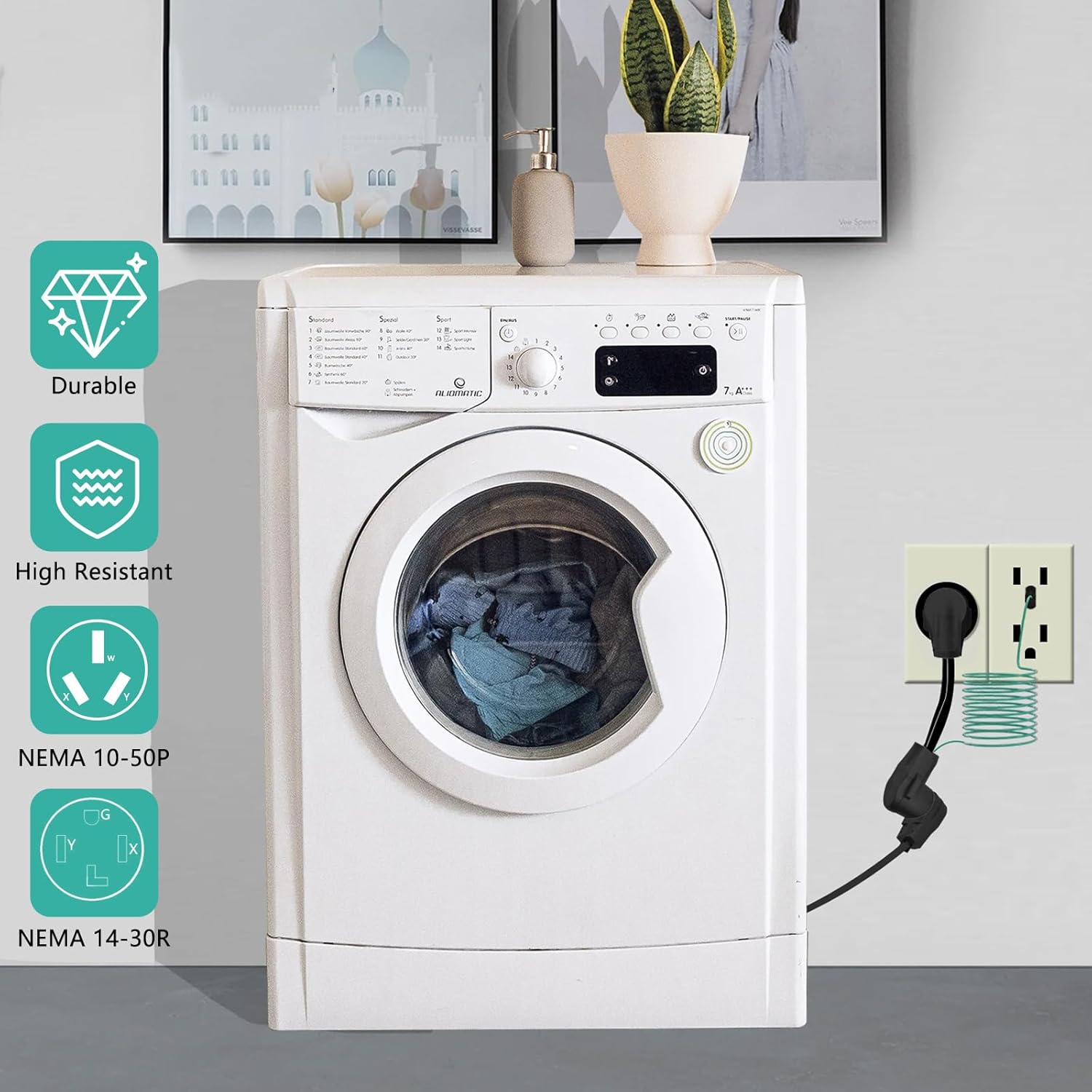 1.5FT Welder Plug Adapter Cord NEMA 10-50P Male to Dryer 14-30R Female with Ground Wire - 30A, 125V/250V - 3 Prong to 4 Prong Dryer Adapter