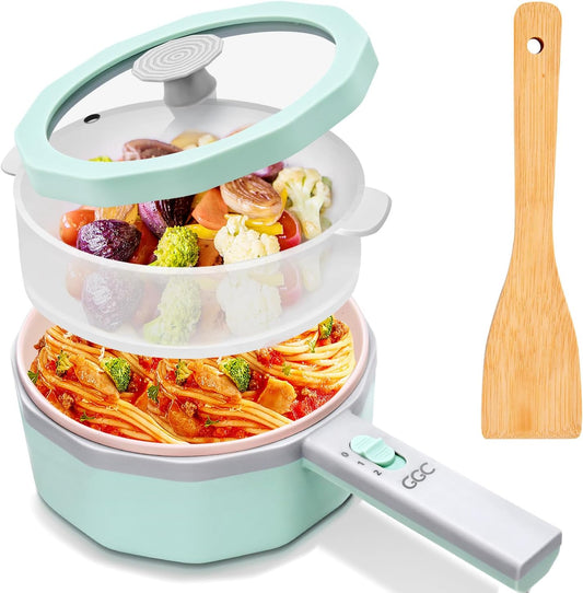 1.5L GGC Electric Hot Pot with Steamer for Cooking Ramen, Steak, Fried Rice, Oatmeal, and Soup - Portable Cooker for Dorms - Power Adjustable