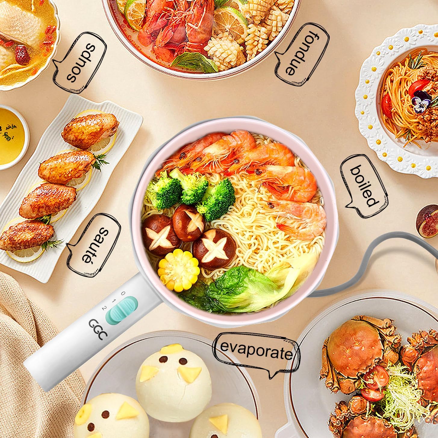 1.5L GGC Electric Hot Pot with Steamer for Cooking Ramen, Steak, Fried Rice, Oatmeal, and Soup - Portable Cooker for Dorms - Power Adjustable