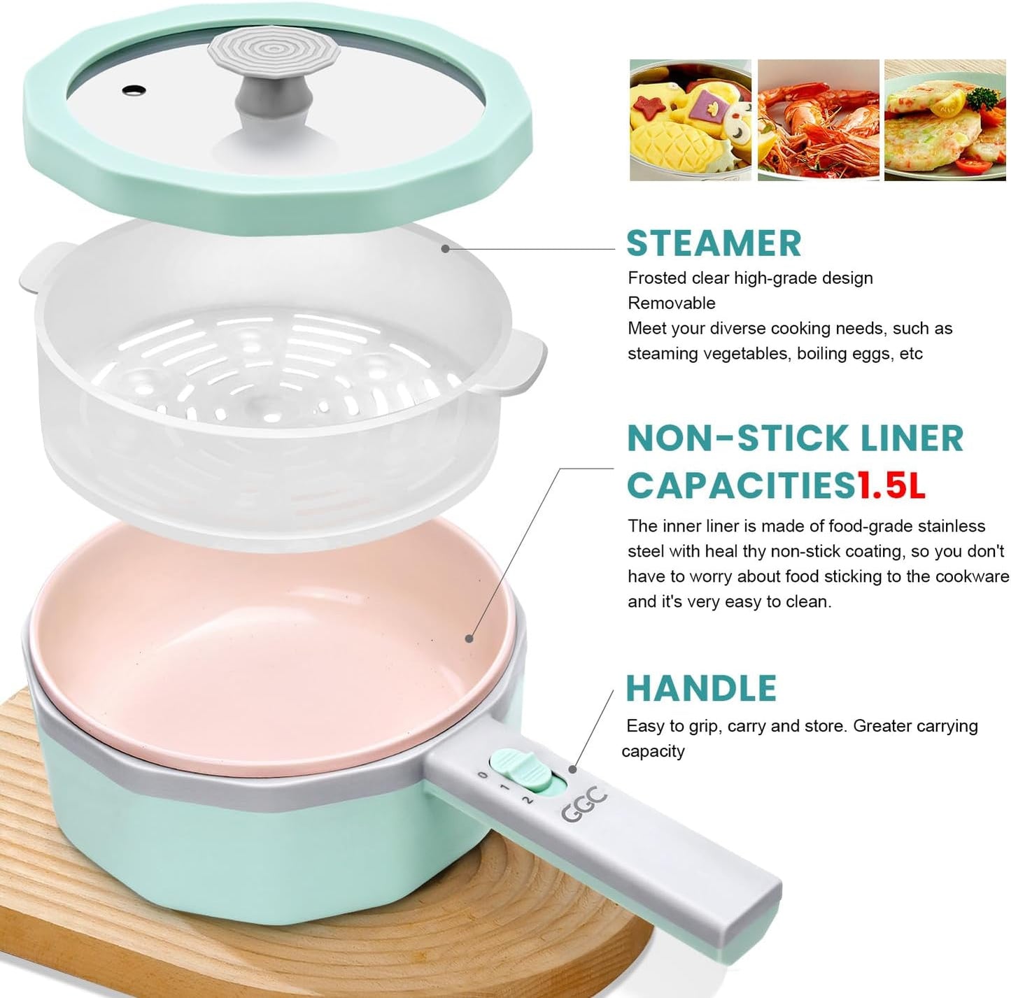 1.5L GGC Electric Hot Pot with Steamer for Cooking Ramen, Steak, Fried Rice, Oatmeal, and Soup - Portable Cooker for Dorms - Power Adjustable