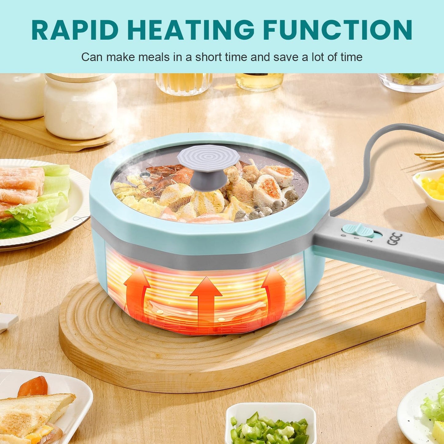 1.5L GGC Electric Hot Pot with Steamer for Cooking Ramen, Steak, Fried Rice, Oatmeal, and Soup - Portable Cooker for Dorms - Power Adjustable