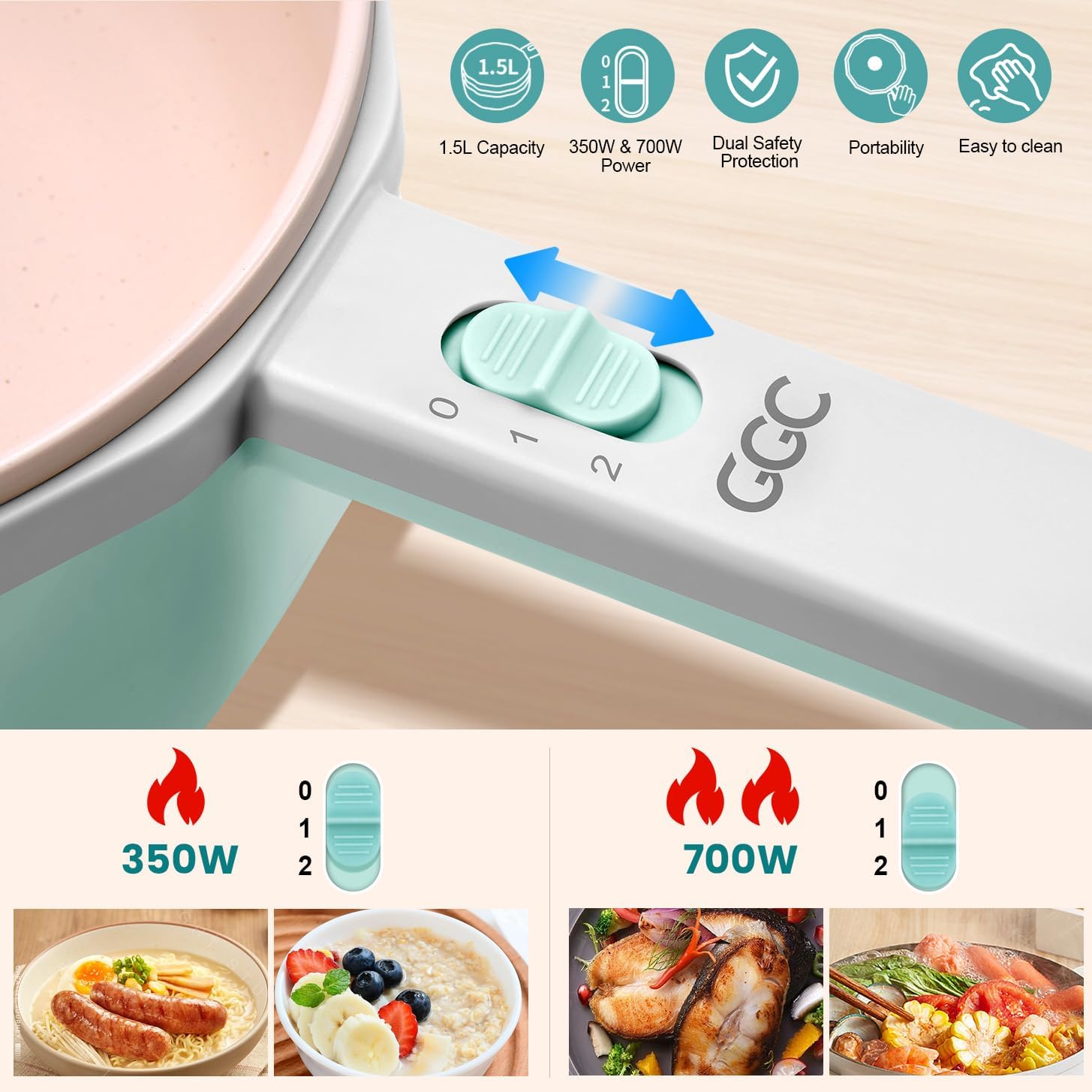 1.5L GGC Electric Hot Pot with Steamer for Cooking Ramen, Steak, Fried Rice, Oatmeal, and Soup - Portable Cooker for Dorms - Power Adjustable