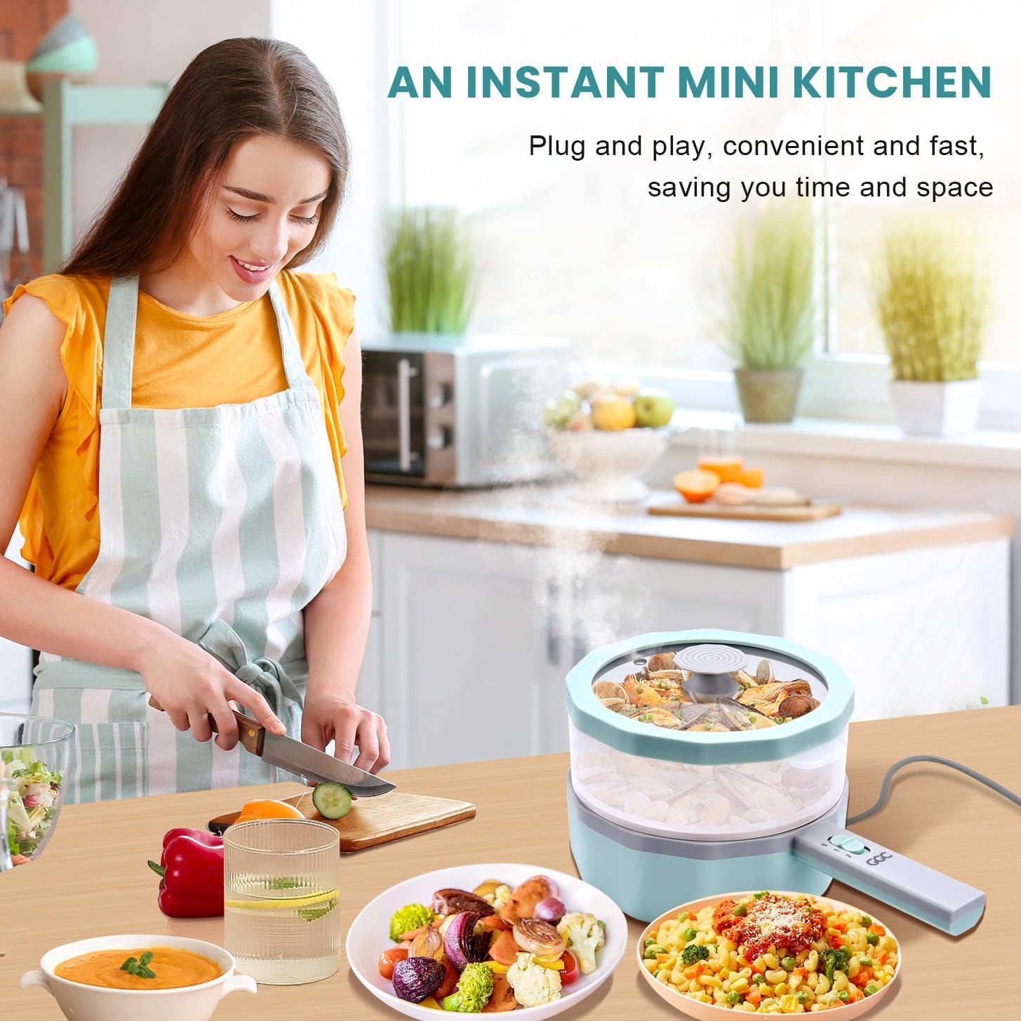 1.5L GGC Electric Hot Pot with Steamer for Cooking Ramen, Steak, Fried Rice, Oatmeal, and Soup - Portable Cooker for Dorms - Power Adjustable