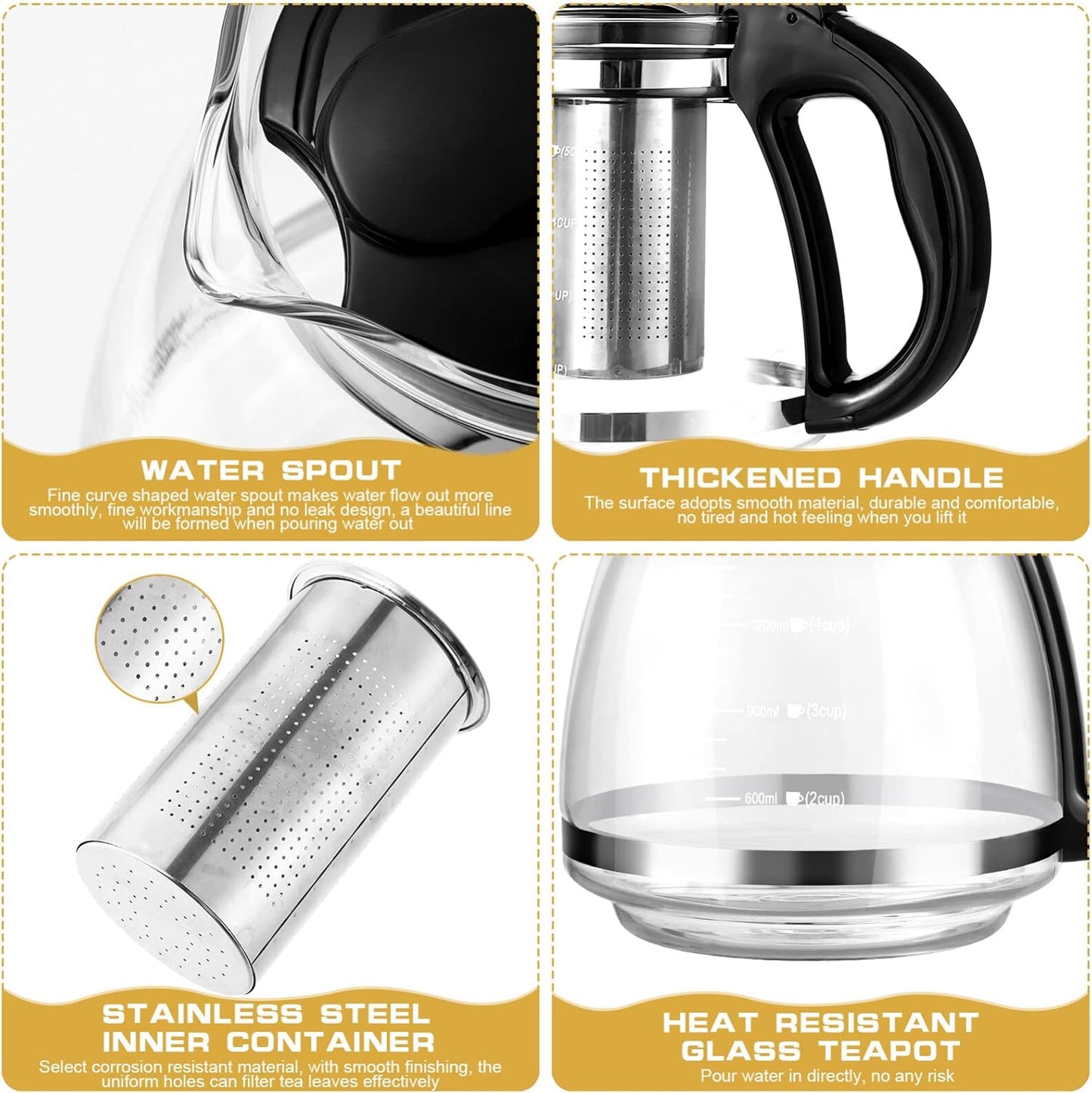 1.5L Glass Teapot with Stainless Steel Infuser for Blooming & Loose Tea - Cabilock