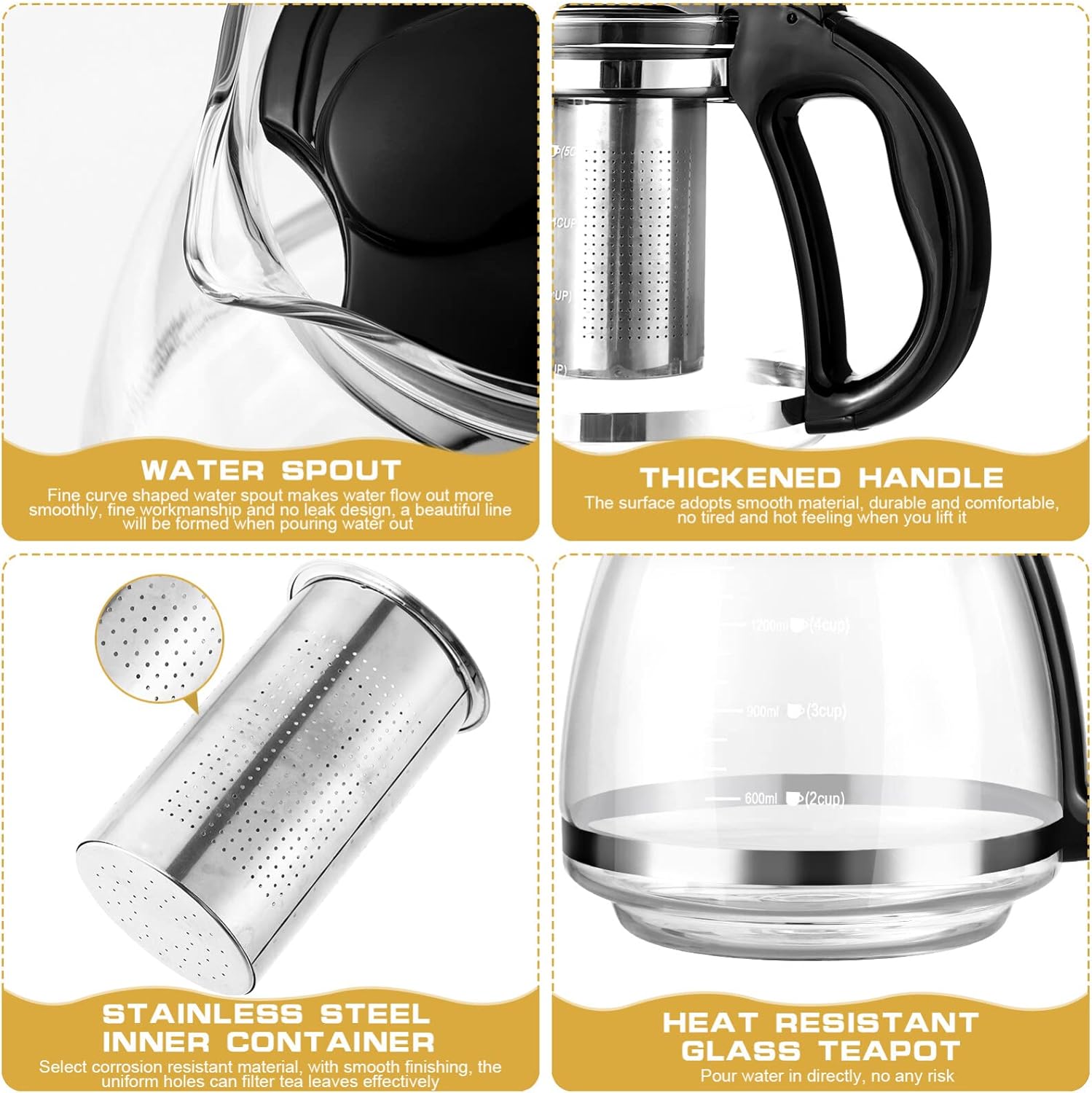 1.5L Glass Teapot with Stainless Steel Infuser for Blooming & Loose Tea - Cabilock