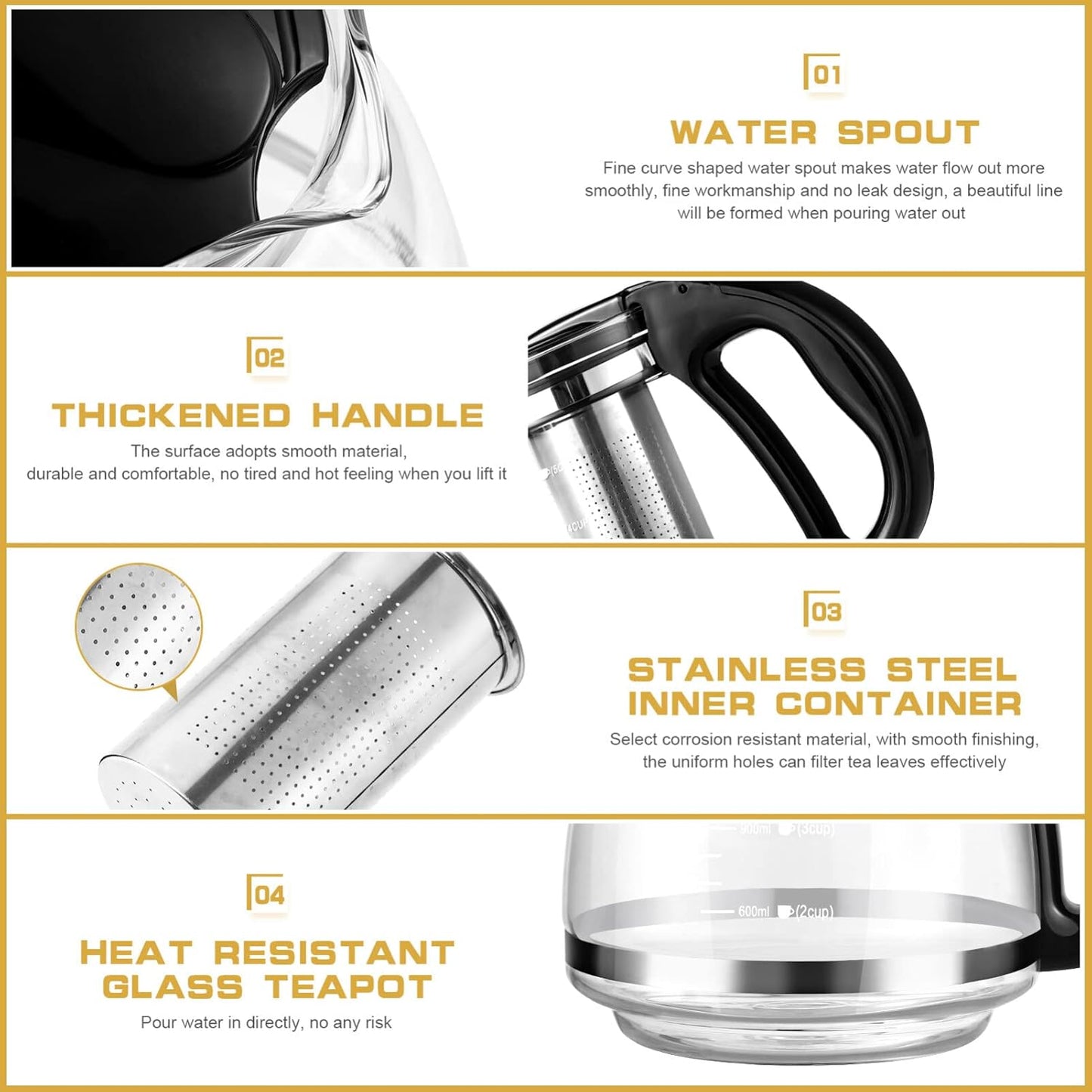 1.5L Glass Teapot with Stainless Steel Infuser for Blooming & Loose Tea - Cabilock