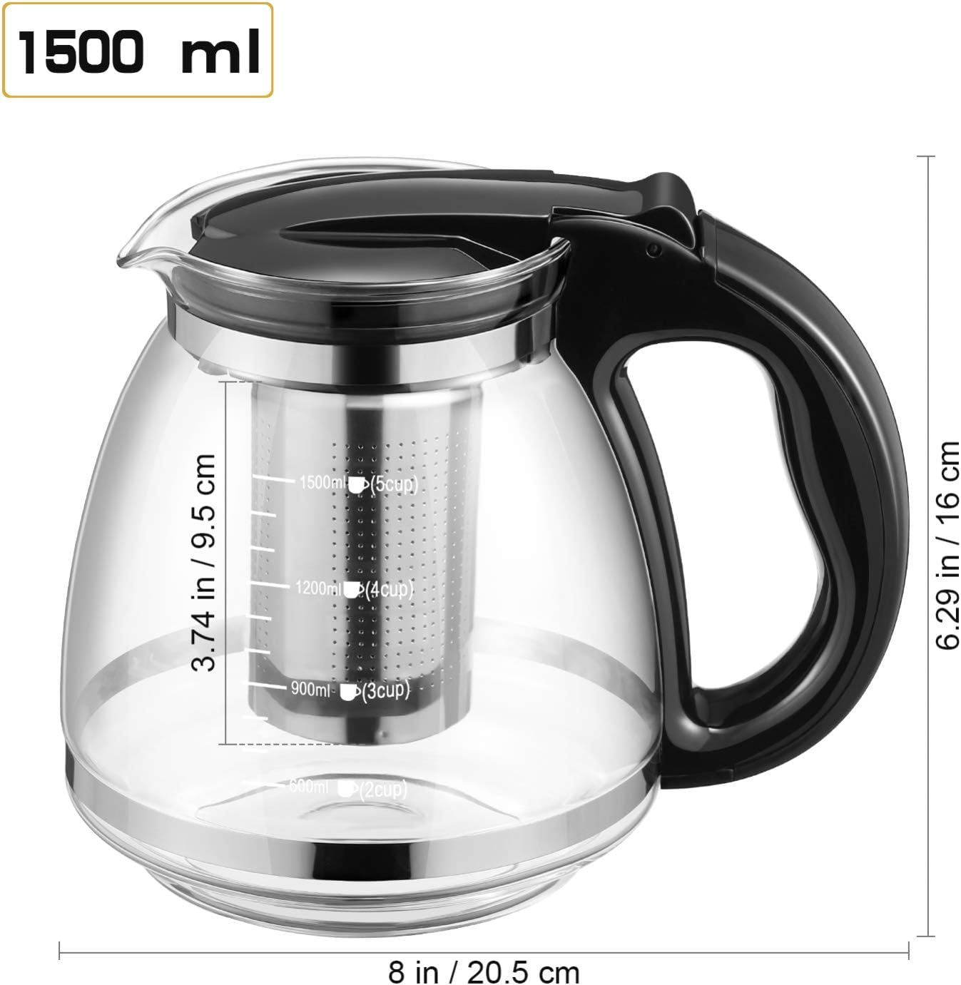1.5L Glass Teapot with Stainless Steel Infuser for Blooming & Loose Tea - Cabilock