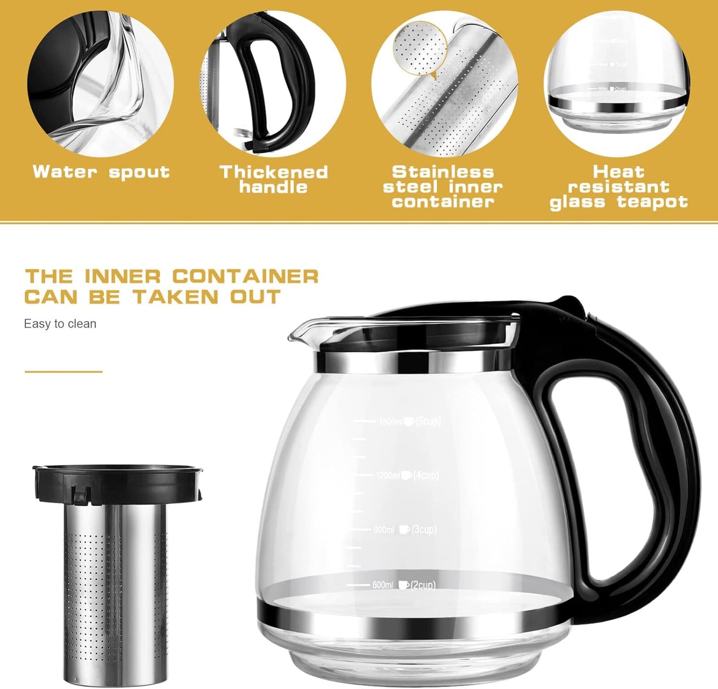 1.5L Glass Teapot with Stainless Steel Infuser for Blooming & Loose Tea - Cabilock