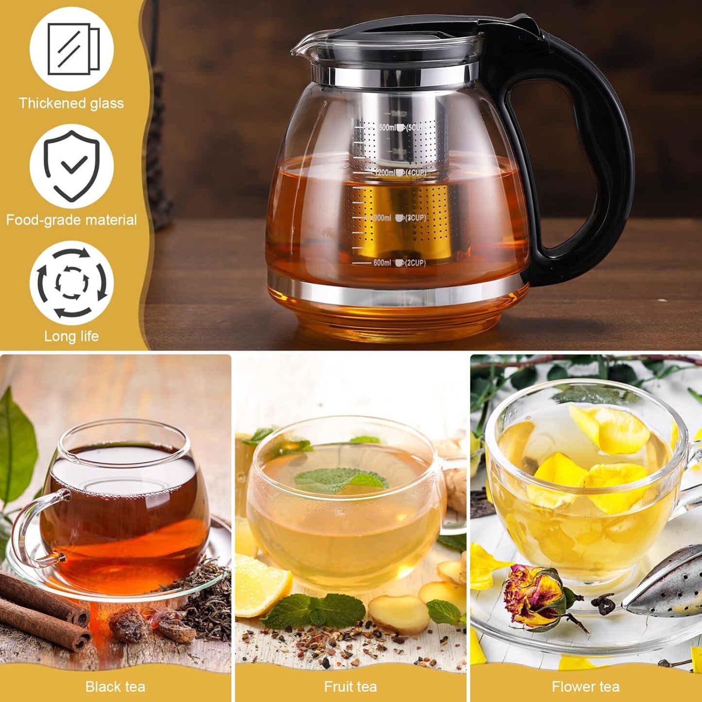 1.5L Glass Teapot with Stainless Steel Infuser for Blooming & Loose Tea - Cabilock