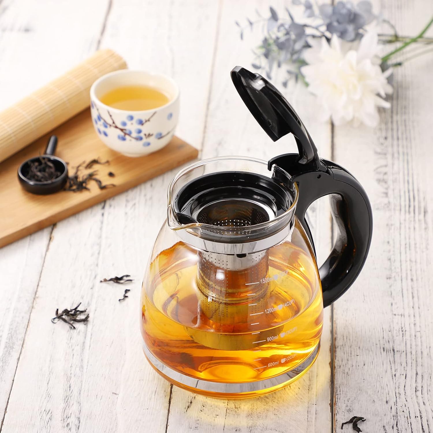 1.5L Glass Teapot with Stainless Steel Infuser for Blooming & Loose Tea - Cabilock