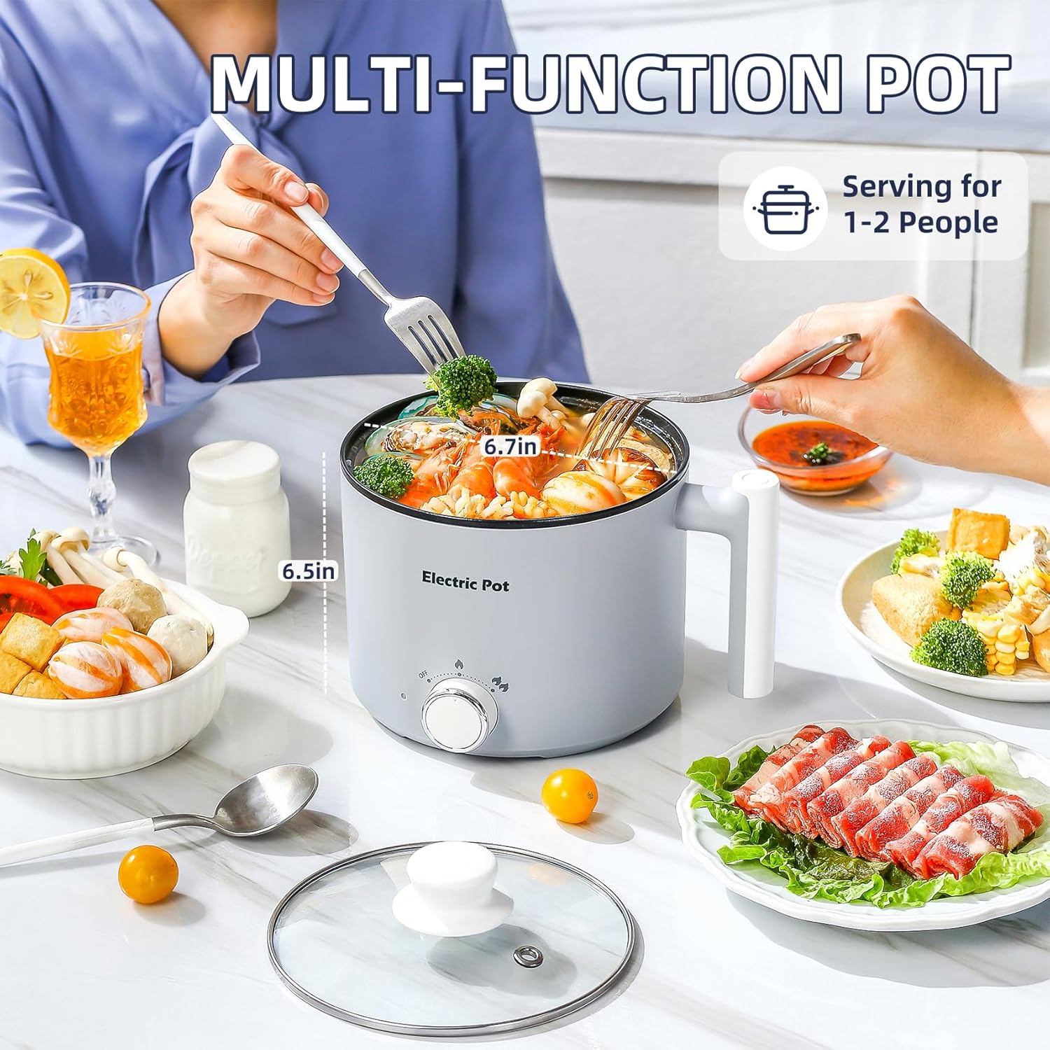 1.5L YOOLYQI Electric Hot Pot: Portable Ramen Cooker for Pasta, Noodles, Soup - Non-Stick, Boil Dry Protection - Ideal for Dorm & Office - Grey