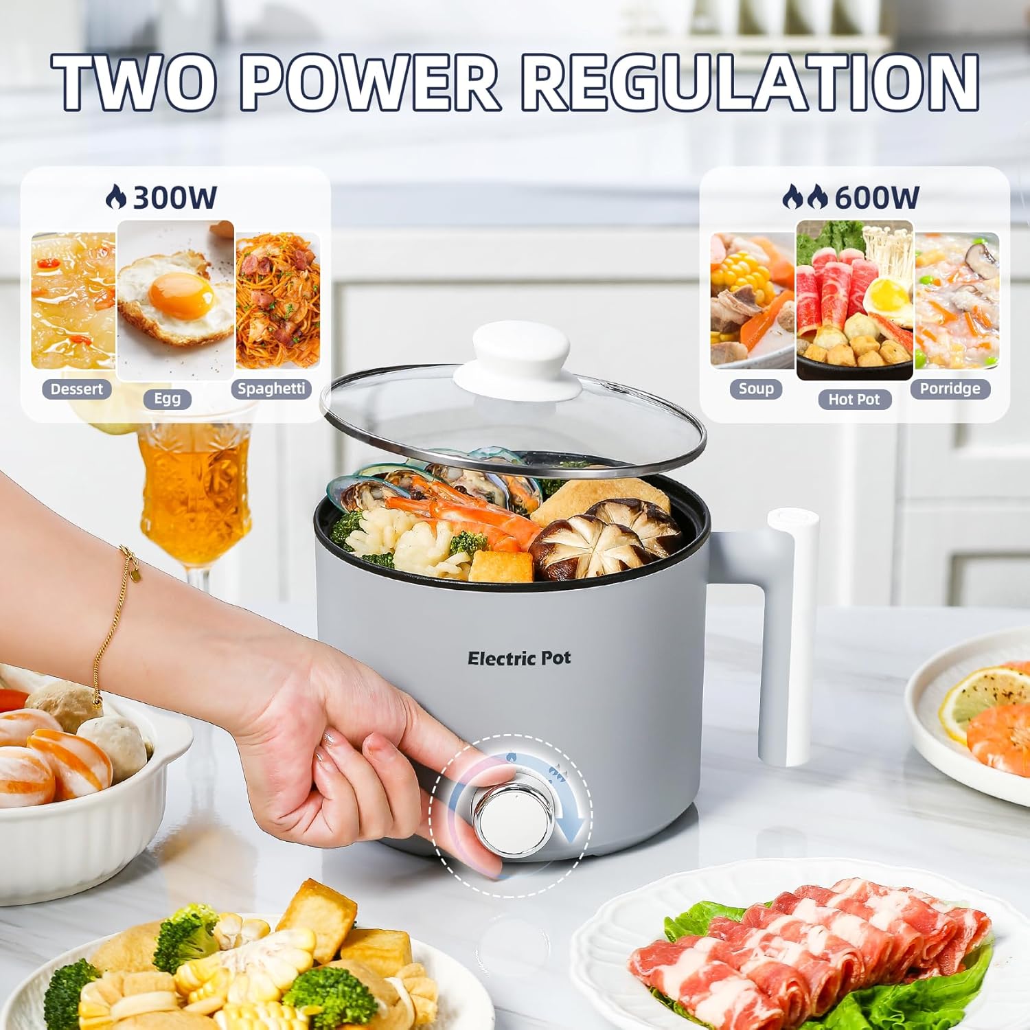 1.5L YOOLYQI Electric Hot Pot: Portable Ramen Cooker for Pasta, Noodles, Soup - Non-Stick, Boil Dry Protection - Ideal for Dorm & Office - Grey