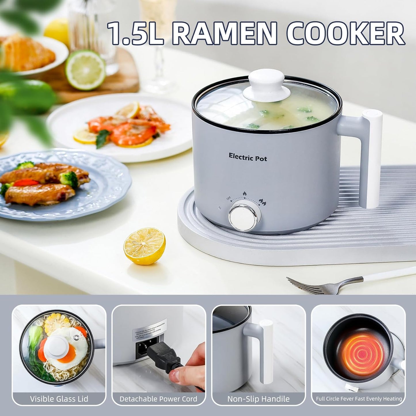 1.5L YOOLYQI Electric Hot Pot: Portable Ramen Cooker for Pasta, Noodles, Soup - Non-Stick, Boil Dry Protection - Ideal for Dorm & Office - Grey