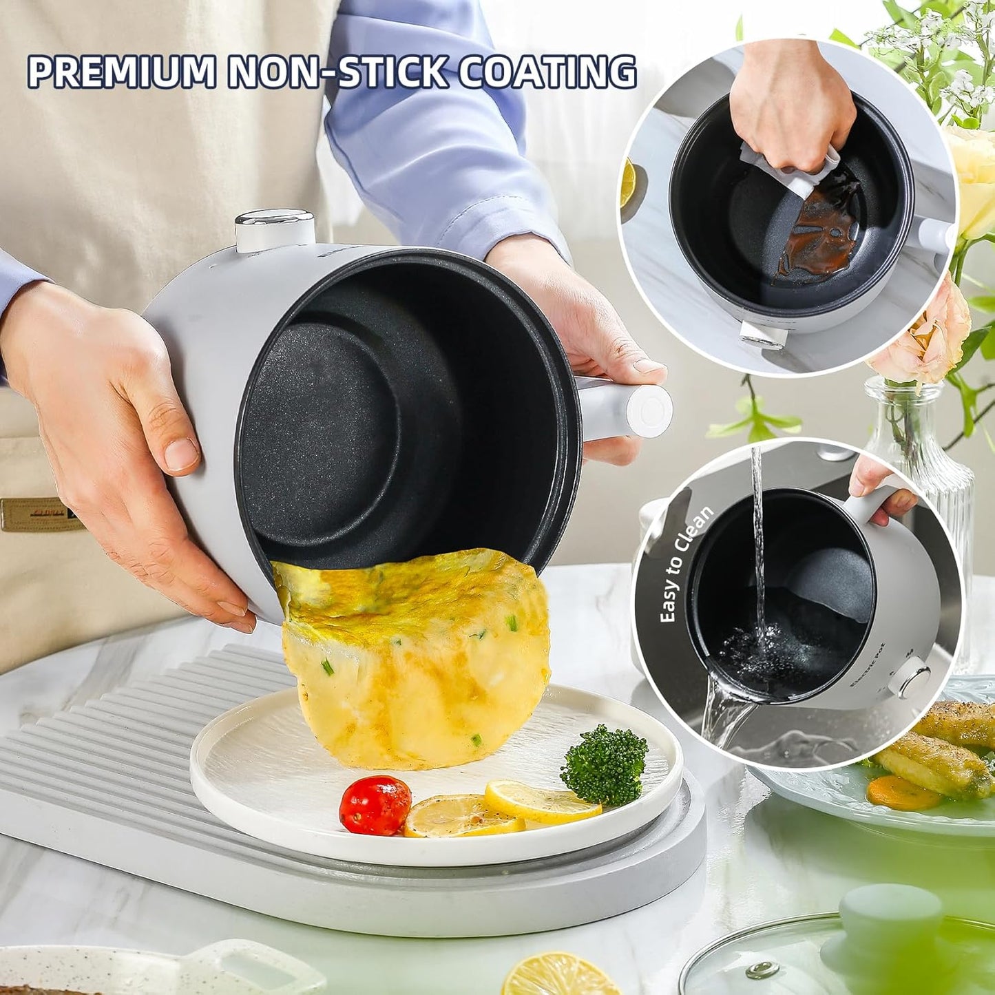 1.5L YOOLYQI Electric Hot Pot: Portable Ramen Cooker for Pasta, Noodles, Soup - Non-Stick, Boil Dry Protection - Ideal for Dorm & Office - Grey